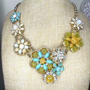 Floral Statement Necklace Yellow & Turquoise Beaded Design Gold Chain Adjustable